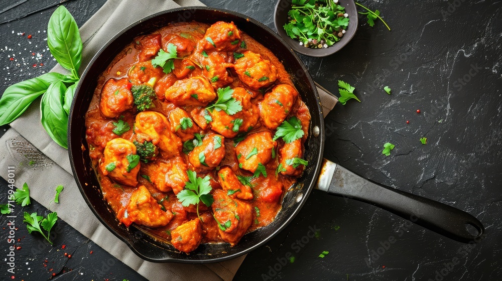 Frying pan with delicious chicken tikka masala on napkin Frying pan with delicious chicken tikka masala on napkin