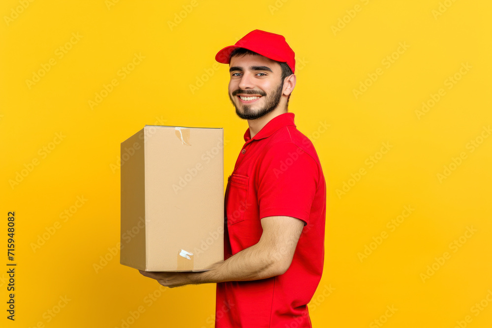 Full body side view happy delivery guy employee man in red cap T-shirt uniform workwear work as dealer courier hold cardboard box isolated on plain yellow background studio portrait. Full body side view happy delivery guy employee man in red cap T-shirt uniform workwear work as dealer courier hold cardboard box isolated on plain yellow background studio portrait.