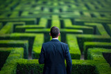 businessman standing at the entrance of a maze, looking at the path ahead