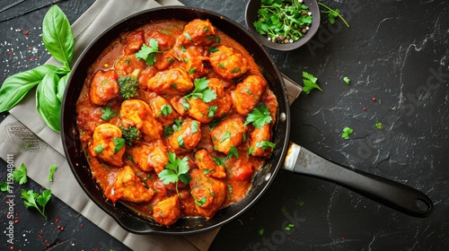 Frying pan with delicious chicken tikka masala on napkin