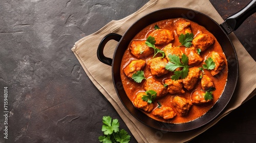 Frying pan with delicious chicken tikka masala on napkin