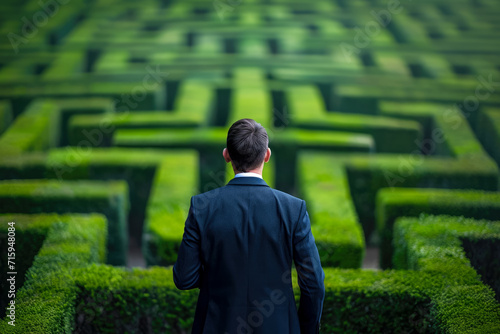 businessman standing at the entrance of a maze, looking at the path ahead photo