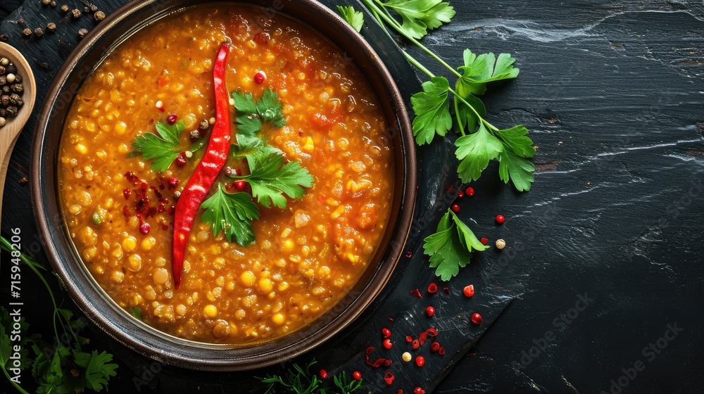 Indian dal. Traditional Indian soup lentils. Indian Dhal spicy curry in bowl, spices, herbs, rustic black wooden background. Authentic Indian dish. Overhead Indian dal. Traditional Indian soup lentils. Indian Dhal spicy curry in bowl, spices, herbs, rustic black wooden background. Authentic Indian dish. Overhead