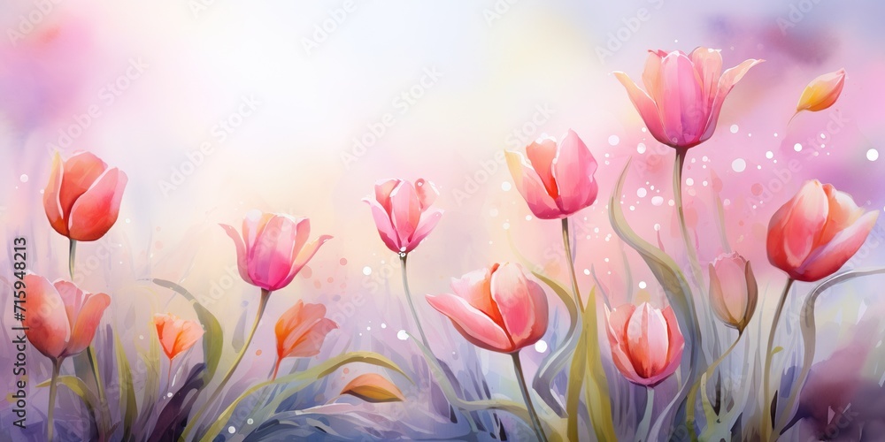 Spring tulips in watercolor style. Luxurious background for postcards, delicate flowers , neon