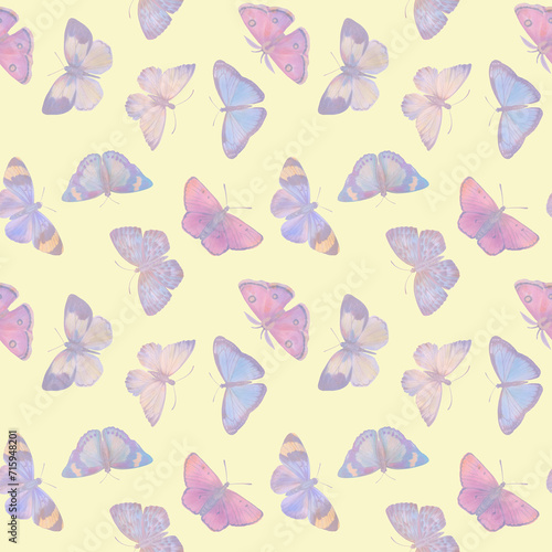 Abstract vintage print with colored butterflies, on a light background. Watercolor seamless background. Hand drawn illustration. Mixed media art