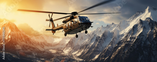 Helicopter sunset flight in moutains evening background. © Alena