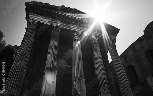  Foto em tons de cinza de baixo ângulo de um antigo templo romano sob o sol brilhante