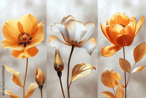 Set of golden floral art posters, gold rose, tulip and lilly on white background abstract concept art