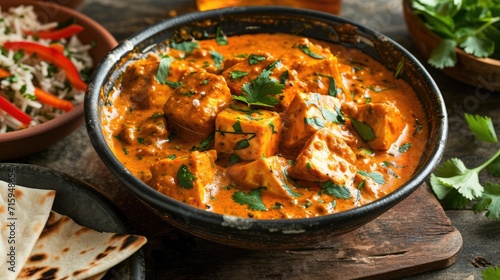 Paneer Butter Masala or Cheese Cottage Curry in serving a bowl or pan, served with or without roti and rice