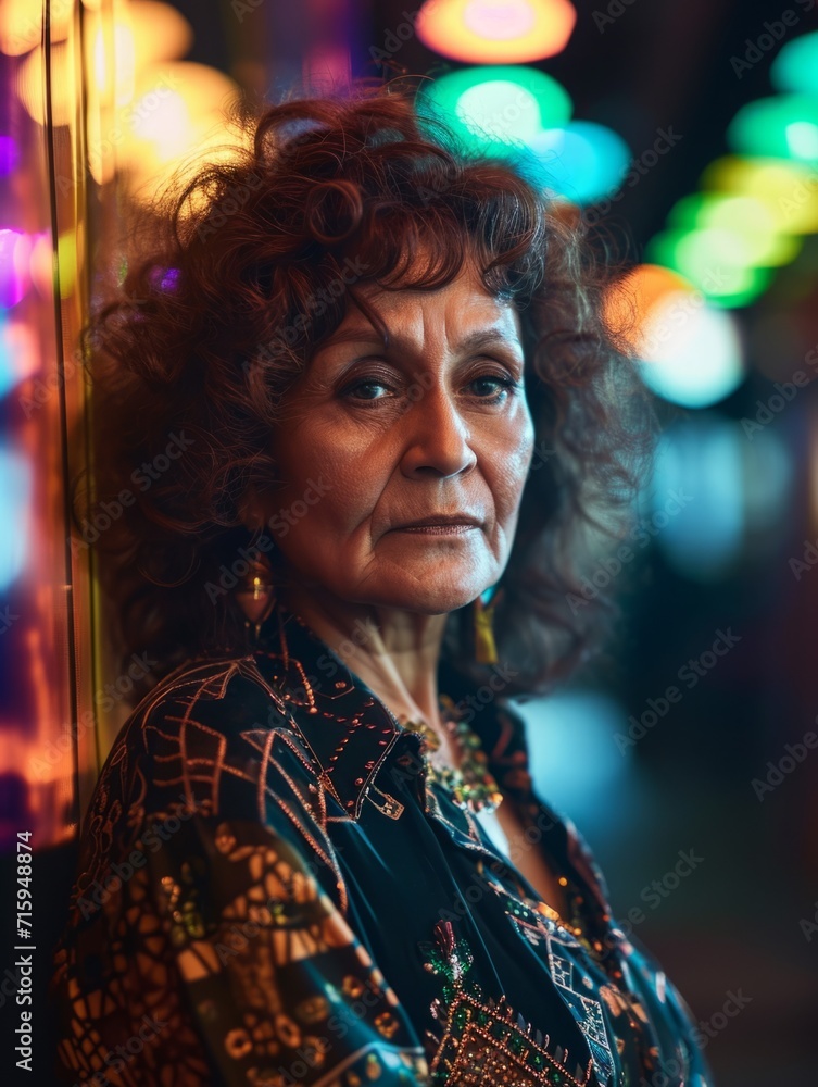 Old Persian Woman with Brown Curly Hair vintage photo. Portrait of a person in 1980s aesthetics. Punk fashion. Historic photo Ai Generated Photorealistic Vertical Image.