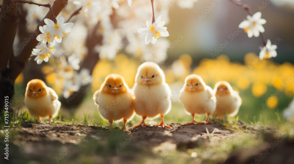 Little cute fluffy yellow chicks run along the ground against a blurry background of blooming spring white flowers and yellow daffodils. Easter holiday atmosphere, postcard, banner