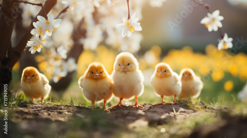 Little cute fluffy yellow chicks run along the ground against a blurry background of blooming spring white flowers and yellow daffodils. Easter holiday atmosphere, postcard, banner © Natallia