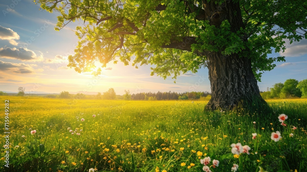 Obraz premium Spring meadow with big tree with fresh green leaves