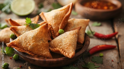 Veg Samosa - is a crispy and spicy Indian triangle shape snack which has crisp outer layer of maida filling of mashed potato, peas and spices photo