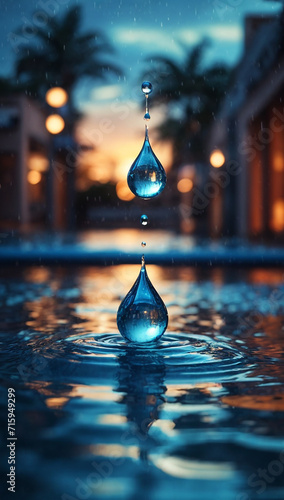 Shiny raindrop on abstract blue water, Ai photos