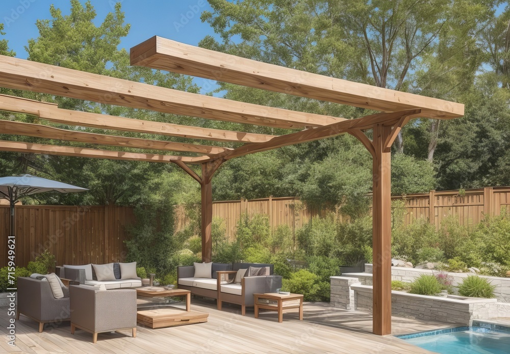 Photo of a modern outdoor patio with wooden per Photo of a modern outdoor patio with wooden per