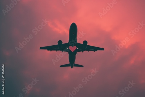 illustration outline of an airplane and heart on pink background, in the style of snapshot aesthetic,