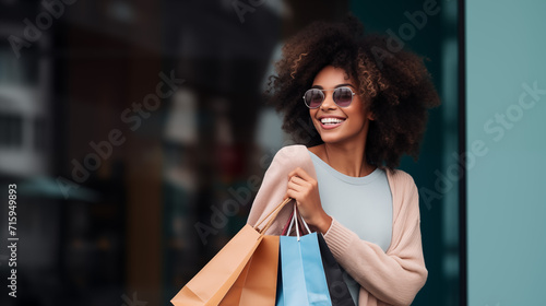 Black African American woman with an afro and wearing sunglasses, carrying shopping bags and smiling