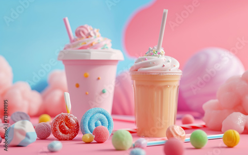 ilustração 3D minimalista de doces e bebidas, banco de imagens, cores pastel