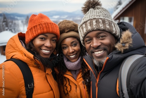 Group of young tourists taking selfie against the backdrop of snowy mountain tops. Cheerful diverse travelers in winter outwear spend vacation together hiking and skiing.