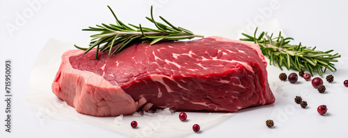 Raw beef steak on white background with salt pepper and herbs. photo