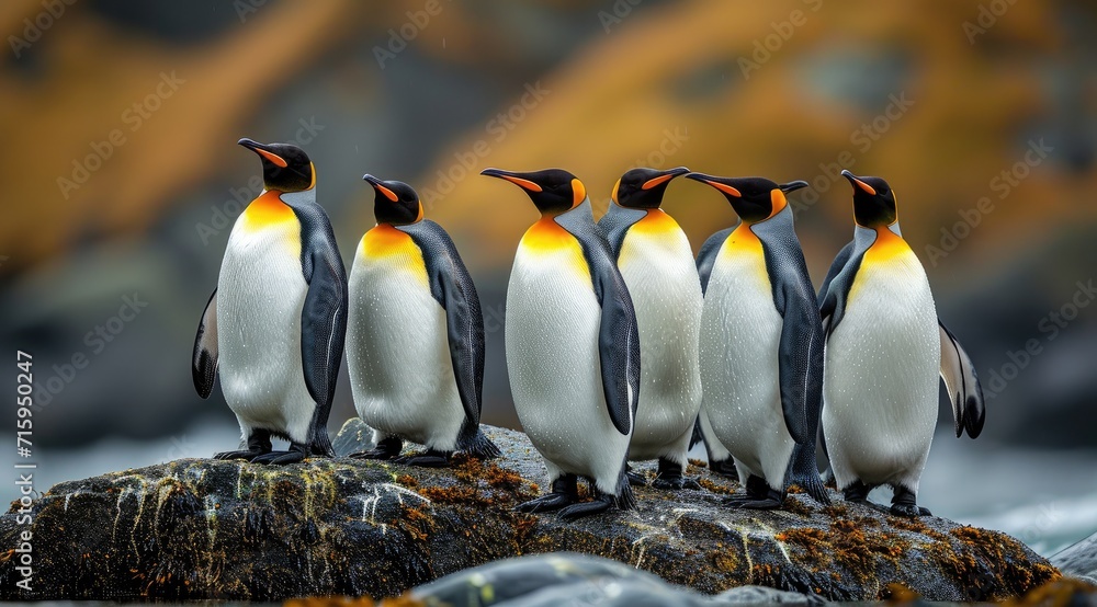 Obraz premium A regal gathering of flightless penguins, adorned in their distinctive black and white coats, stand tall on a rocky outcrop amidst the vastness of the ocean, showcasing the resilience and beauty of t
