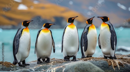 A majestic gathering of diverse penguin species, each with their unique beaks and vibrant feathers, standing proudly on rocky terrain, embodying the beauty and resilience of wildlife in their natural