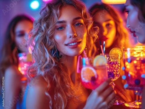 A lively group of women, adorned in vibrant clothing, beam with joy as they raise their drinks in celebration at a festive party