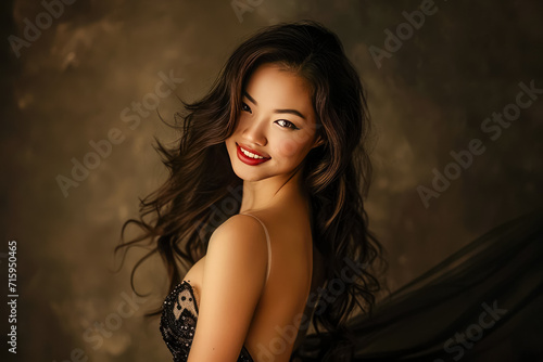 captivating woman in a figure-hugging evening gown, her hair cascading down her back