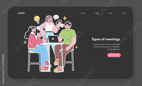 Creative team collaborates at a cafe, sharing fresh ideas and insights, illuminated by the spark of an idea. Diverse colleagues enjoy a productive discussion. Flat vector illustration