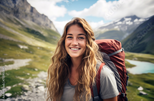 Happy Young Beautiful Female Backpacker Traveling Alone in in Mountains