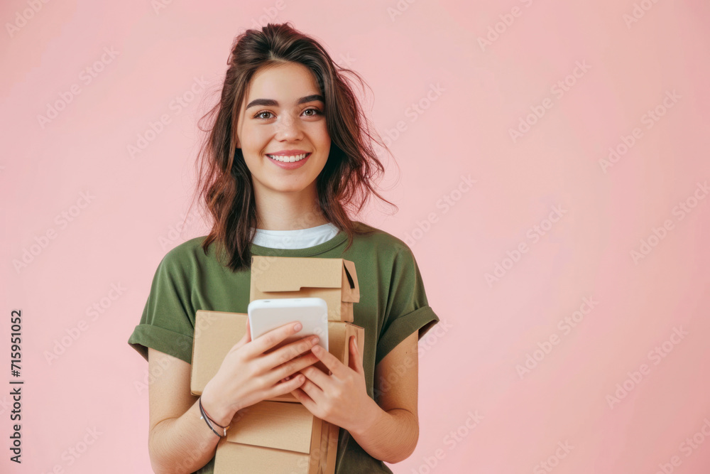 Young happy woman wear green shirt white t-shirt hold in hand brown clear blank craft stack cardboard boxes mock up use mobile cell phone isolated on plain pastel light pink background studio portrait Young happy woman wear green shirt white t-shirt hold in hand brown clear blank craft stack cardboard boxes mock up use mobile cell phone isolated on plain pastel light pink background studio portrait
