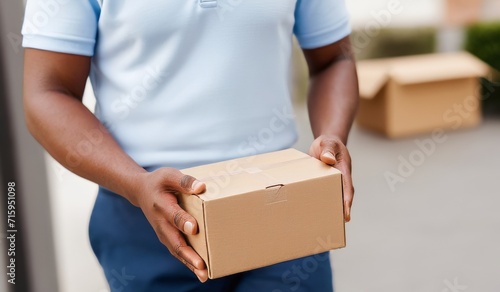 Close-up of a professional delivery person in a blue polo delivering a package with efficiency and care in a suburban area photo