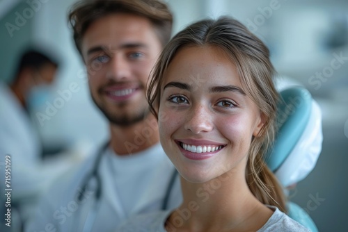 A woman's radiant smile illuminates the indoor space, with her companion in the background, showcasing their dynamic connection and the effortless grace of their fashion choices