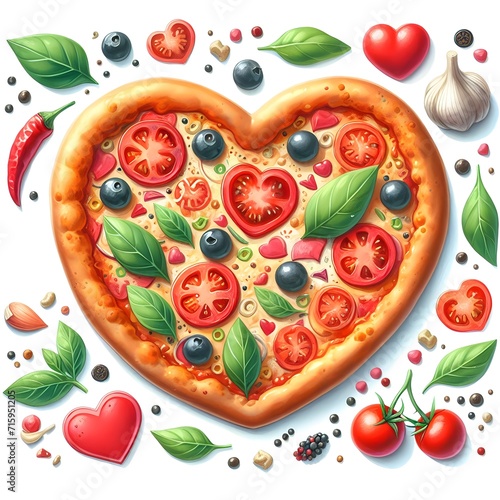 tasty pizza heart shape watercolor paint for food card decor photo