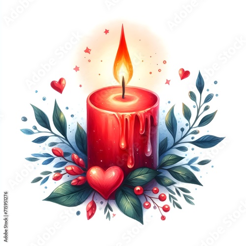 red candle with fire watercolor paint for Valentine's day card decor