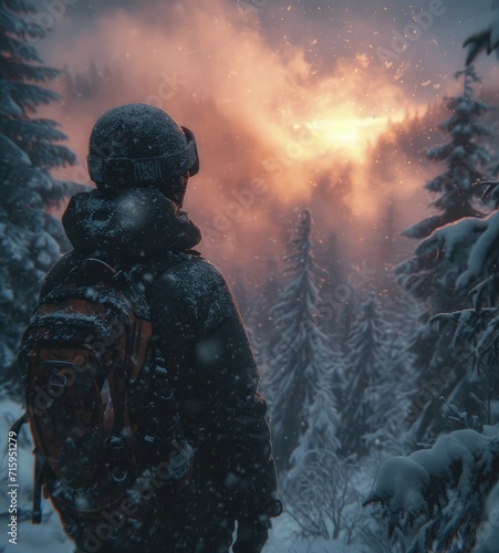 Amidst a winter wonderland, a solitary figure stands in a snowy forest, surrounded by the serene beauty of the outdoors