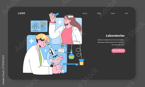 Laboratory research concept. Two scientists diligently analyzing samples with one observing through a microscope and another inspecting a test tube. Data graphs in the background. vector illustration.