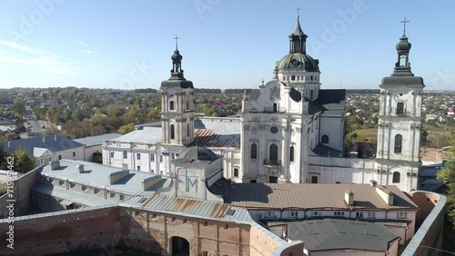 Aerial drone dolly footage of Monastery of the Bare Carmelites in Berdychiv, historic city in Zhytomyr Oblast, Ukraine. photo