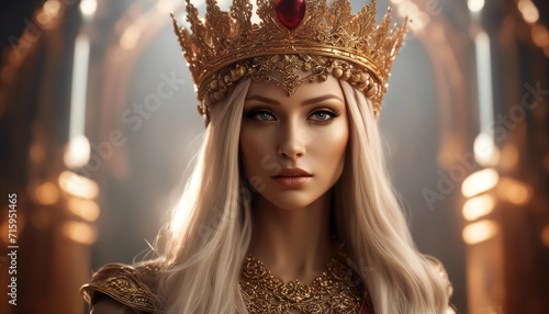 Beautiful queen. Fantastic queen in a golden crown. Lush hair. Gold clothes. Selective focus. AI generated