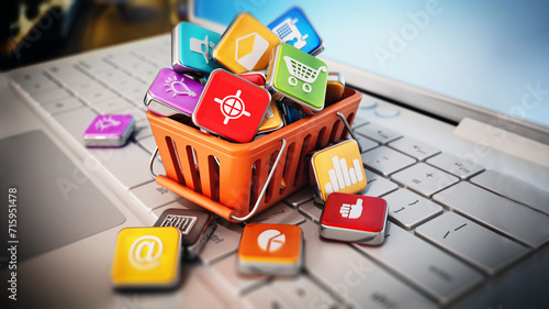 Stack of digital apps inside shopping basket standing on laptop keyboard. 3D illustration photo