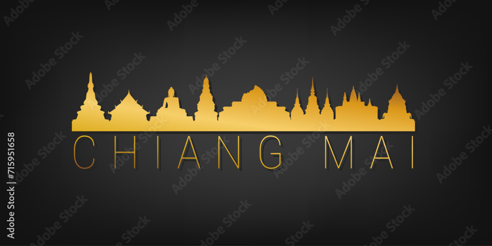 Chiang Mai, Thailand Gold Skyline City Silhouette Vector. Golden Design Luxury Style Icon Symbols. Travel and Tourism Famous Buildings. - obrazy, fototapety, plakaty 