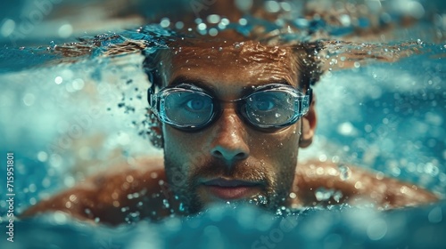 A determined swimmer glides gracefully through the clear water of a swimming pool, his face protected by sleek goggles as he embraces the freedom and thrill of the sport