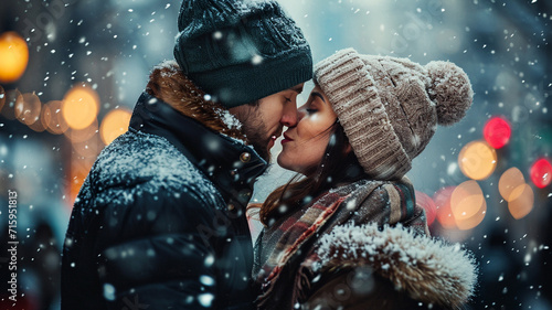couple kissing outdoors in winter