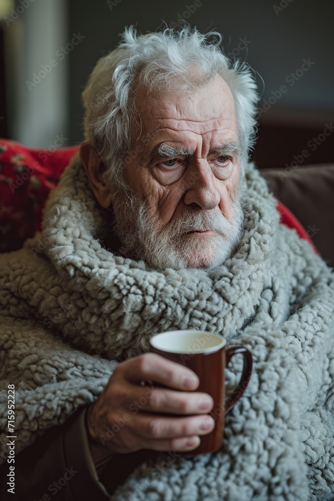 sick grandfather drinking infusion and wrapped in a blanket sick grandfather drinking infusion and wrapped in a blanket