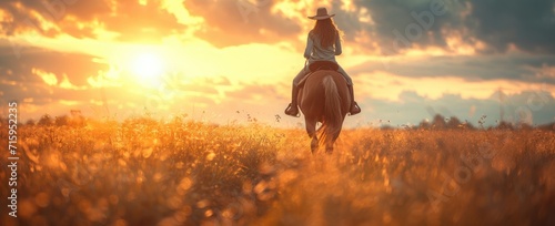 A fearless woman embraces the freedom of nature as she gallops through the golden field, her trusty horse carrying her towards the radiant sunset in a picturesque landscape under the vast, cloudy sky