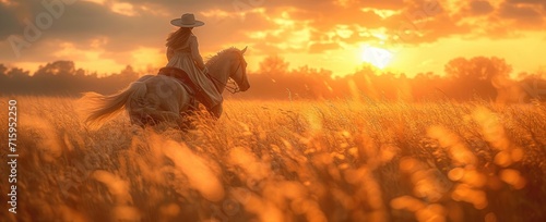 As the sun sets over the endless sea of grass, a lone cowgirl rides her horse through the fields, basking in the beauty of nature's embrace photo