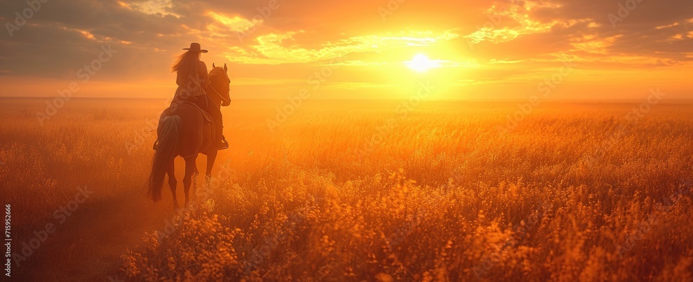 As the sun sets on the horizon, a lone figure on horseback traverses through a sea of vibrant flowers, surrounded by the beauty of nature and the open sky above