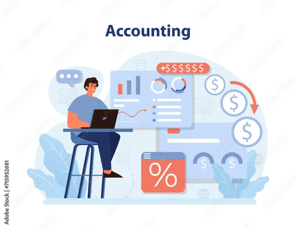Professional diving into accounting tasks. Man analyzing financial charts, tracking income, and managing expenses. Precision in financial planning. Flat vector illustration. Professional diving into accounting tasks. Man analyzing financial charts, tracking income, and managing expenses. Precision in financial planning. Flat vector illustration.