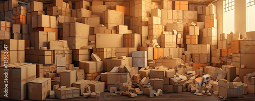 A pile of diverse unnamed boxes in small warehouse.